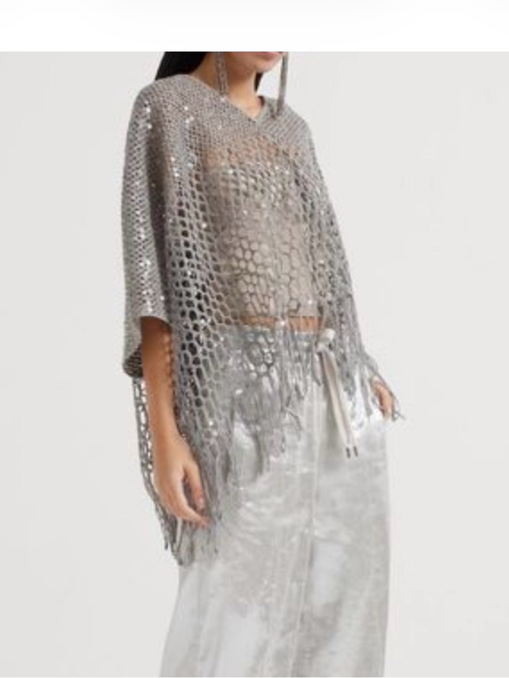 Brunello Cucinelli Silver Gray Silk Linen Crocheted Fringe Poncho Knit size XS